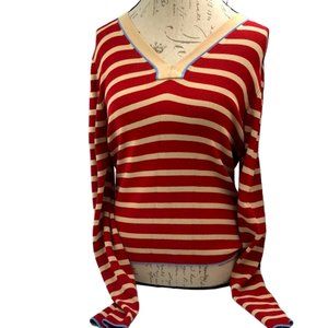 Willi Smith Red & Tan Striped V-Neck Top Size L